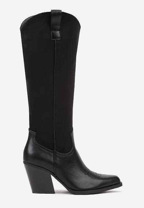 Czarne Kozaki Kowbojki z Łączonych Materiałów na Stożkowym Obcasie Avalerie