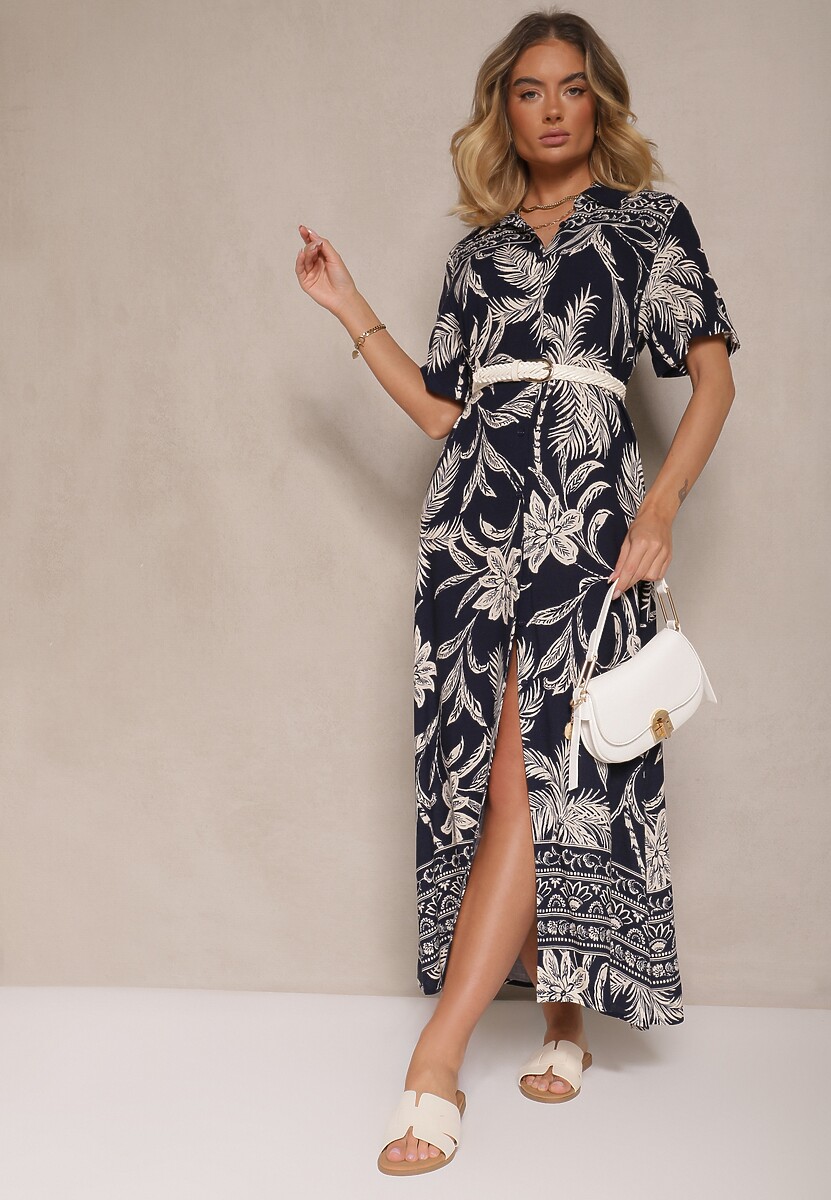 Granatowa Sukienka o Koszulowym Fasonie w Kwiaty z Wiskozy Erathia