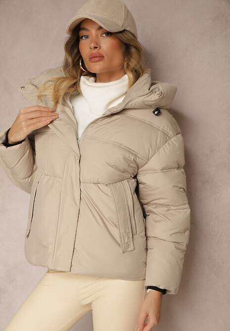 Jasnobeżowa Pikowana Kurtka z Kapturem ściągaczami i Troczkami Hedidra