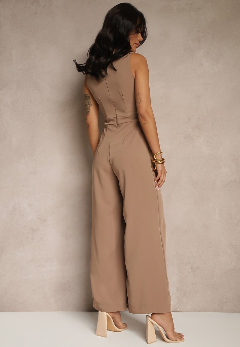 Ciemnobeżowy Kombinezon Bez Rękawów z Nogawkami Wide Leg Noreldi