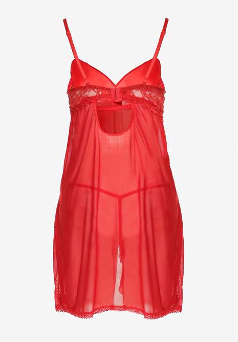 Czerwona Prześwitująca Koszula Nocna z Koronką i Stringami Remielia