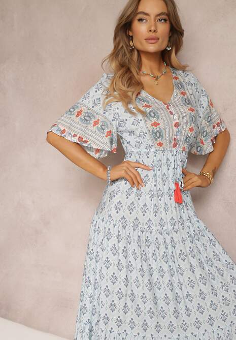 Jasnoniebieska Sukienka Maxi z Krótkim Rękawem i Gumką w Talii Emaya