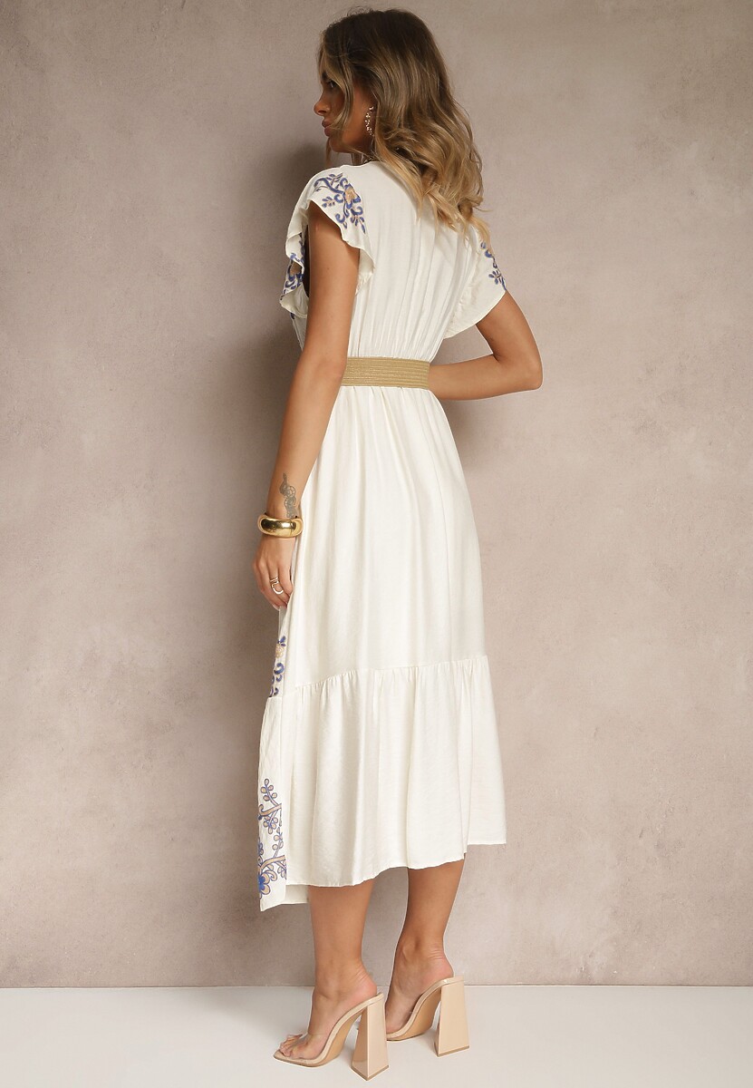 Biało-Niebieska Kopertowa Sukienka z Wiskozy Ozdobiona Haftem i Paskiem Nilatea