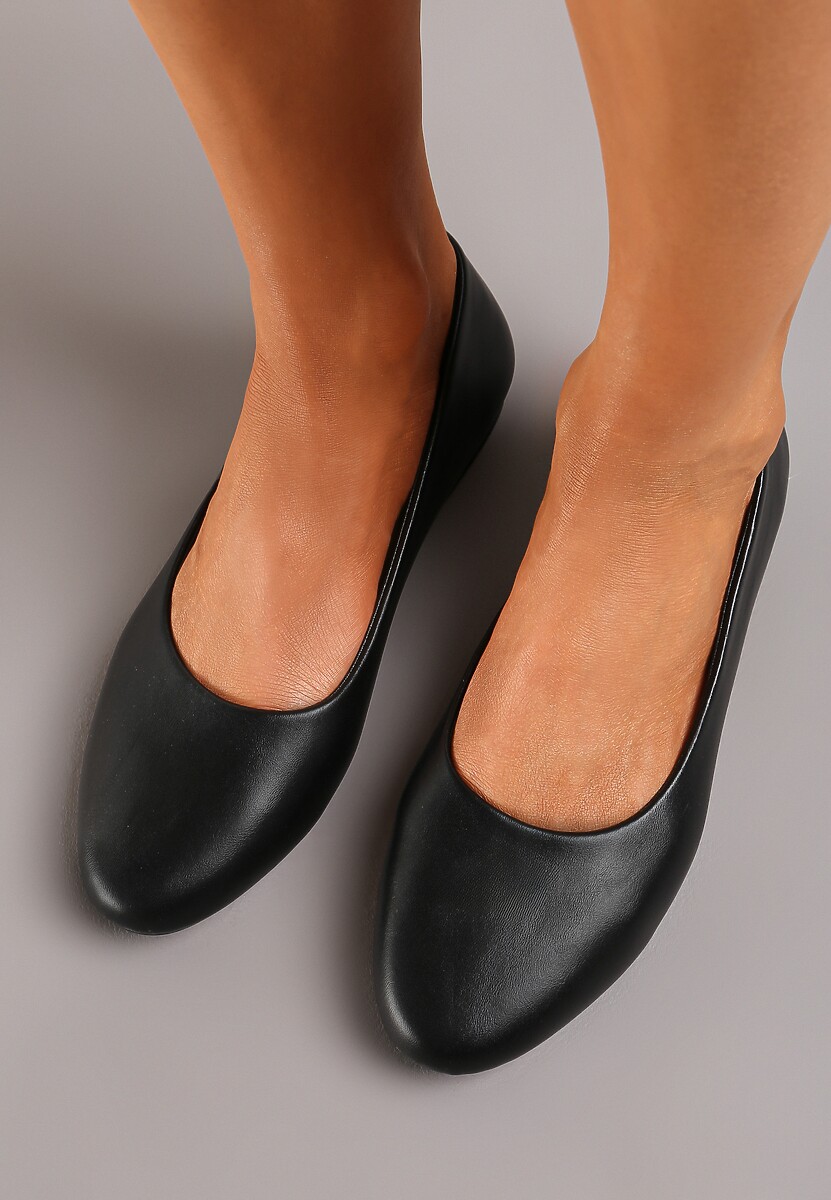 Czarne Płaskie Balerinki z Imitacji Skóry Wsuwane z Okrągłym Noskiem  Jemenna
