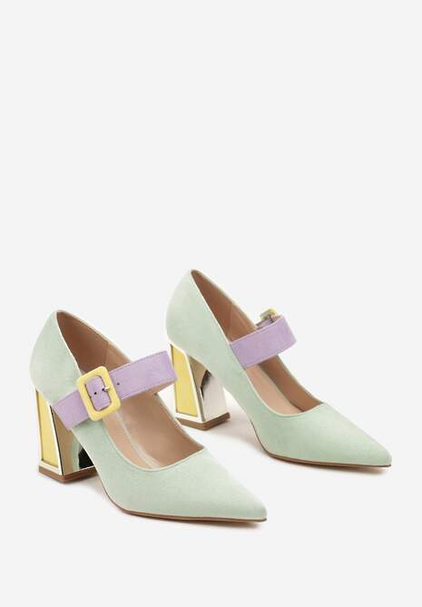 Jasnozielone Czółenka na Słupku z Metalicznymi Wstawkami i Paskiem Enavina