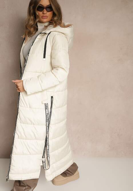 Jasnobeżowa Kurtka Długa Pikowana z Kapturem Colpids