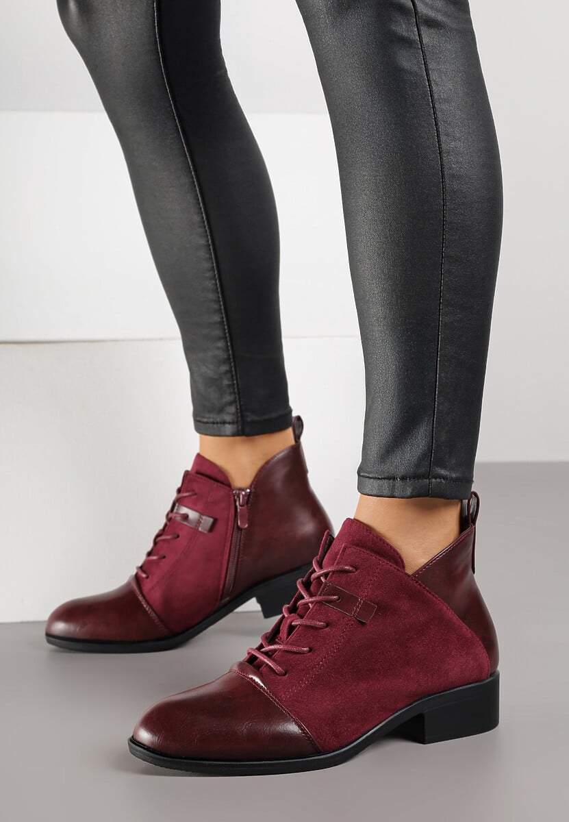 Bordowe Botki Vices ze Sznurowaną Cholewką i Wstawkami z Imitacji Zamszu Atavitte