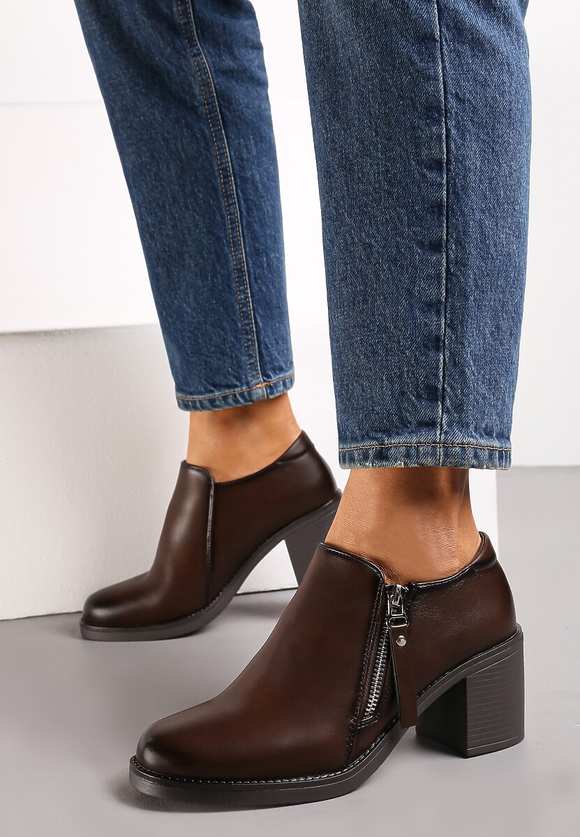 Ciemnobrązowe Półbuty na Obcasie z Krótkim Suwakiem Proctana