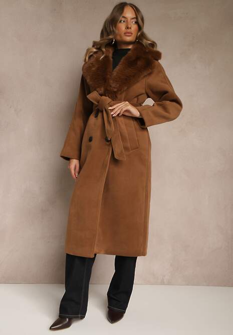 Brązowy Dwurzędowy Płaszcz Elegancki z Futrzanym Kołnierzem i Paskiem Ezanttia