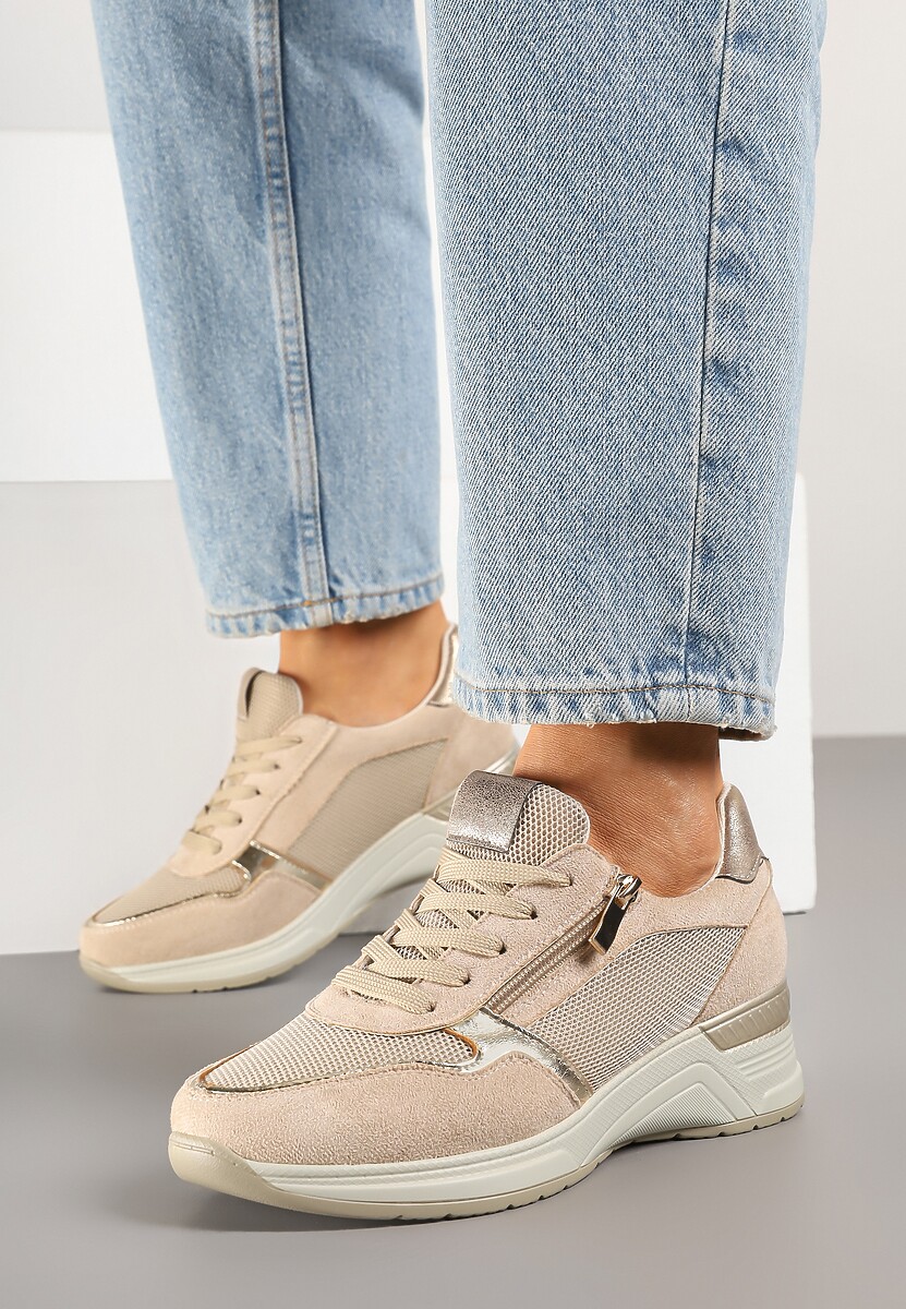Beżowe Sneakersy na Koturnie z Wkładką ze Skóry Naturalnej Ozdobione Suwakiem Arivios