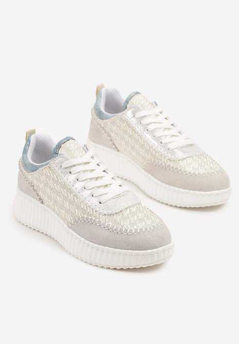 Jasnoszare Sneakersy ze Skóry Naturalnej z Tweedową Wstawką Varelna