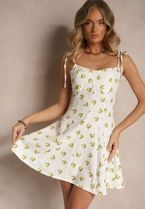 Biała Sukienka na Cienkich Wiązanych Ramiączkach w Cytrynowy Print Efrinira