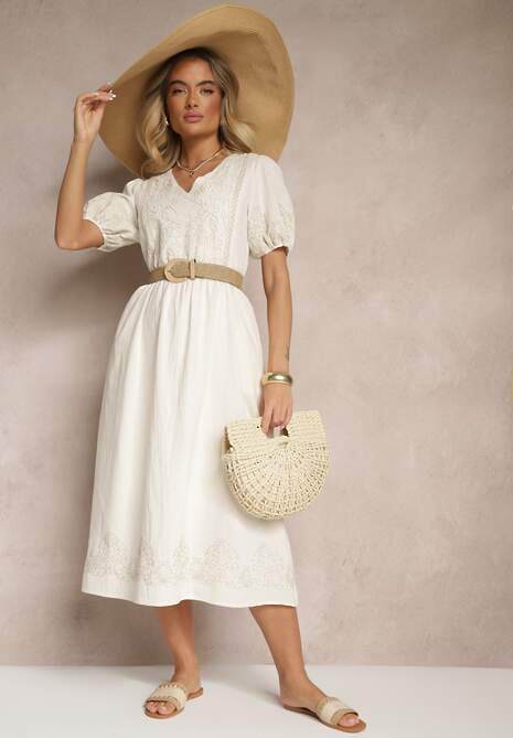 Biała Rozkloszowana Sukienka z Bawełny w Stylu Boho z Haftowanymi Zdobieniami Lannilsa