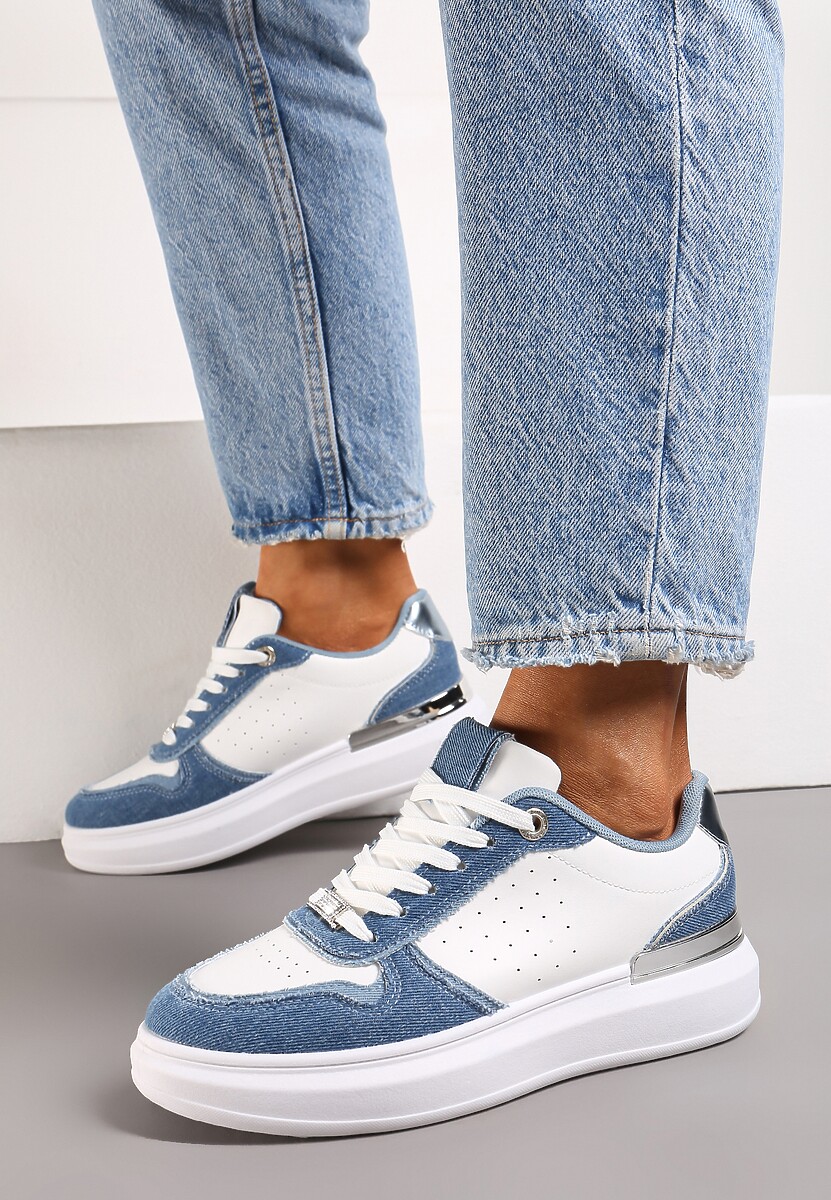 Biało-Niebieskie Sznurowane Sneakersy z Ozdobnymi Wstawkami z Cyrkoniami i Grubą Podeszwą Maellie