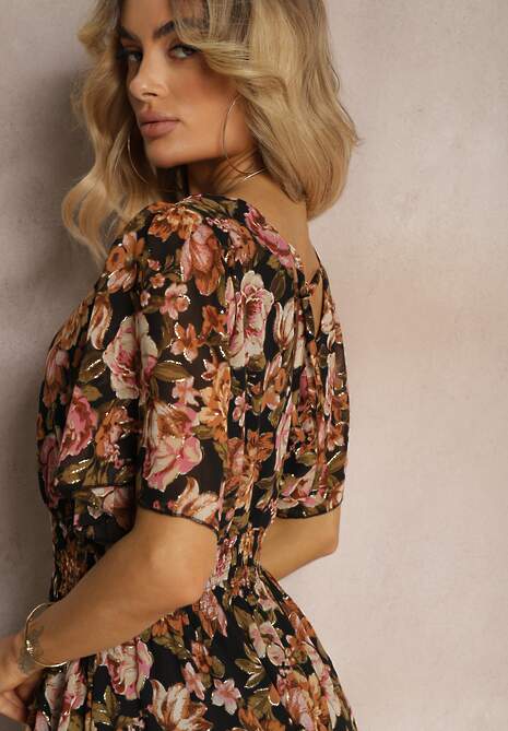 Czarno-Beżowa Sukienka z Kopertowym Dekoltem z Gumką w Talii i Metaliczną Nicią Sollas