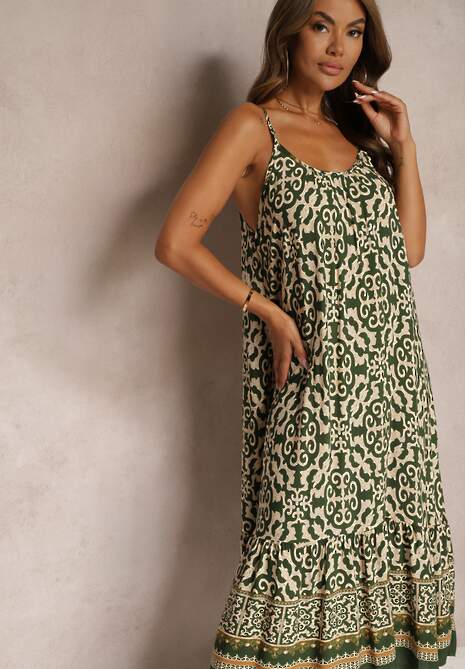 Ciemnozielona Rozkloszowana Sukienka z Bawełny na Cienkich Ramiączkach Nellmaira