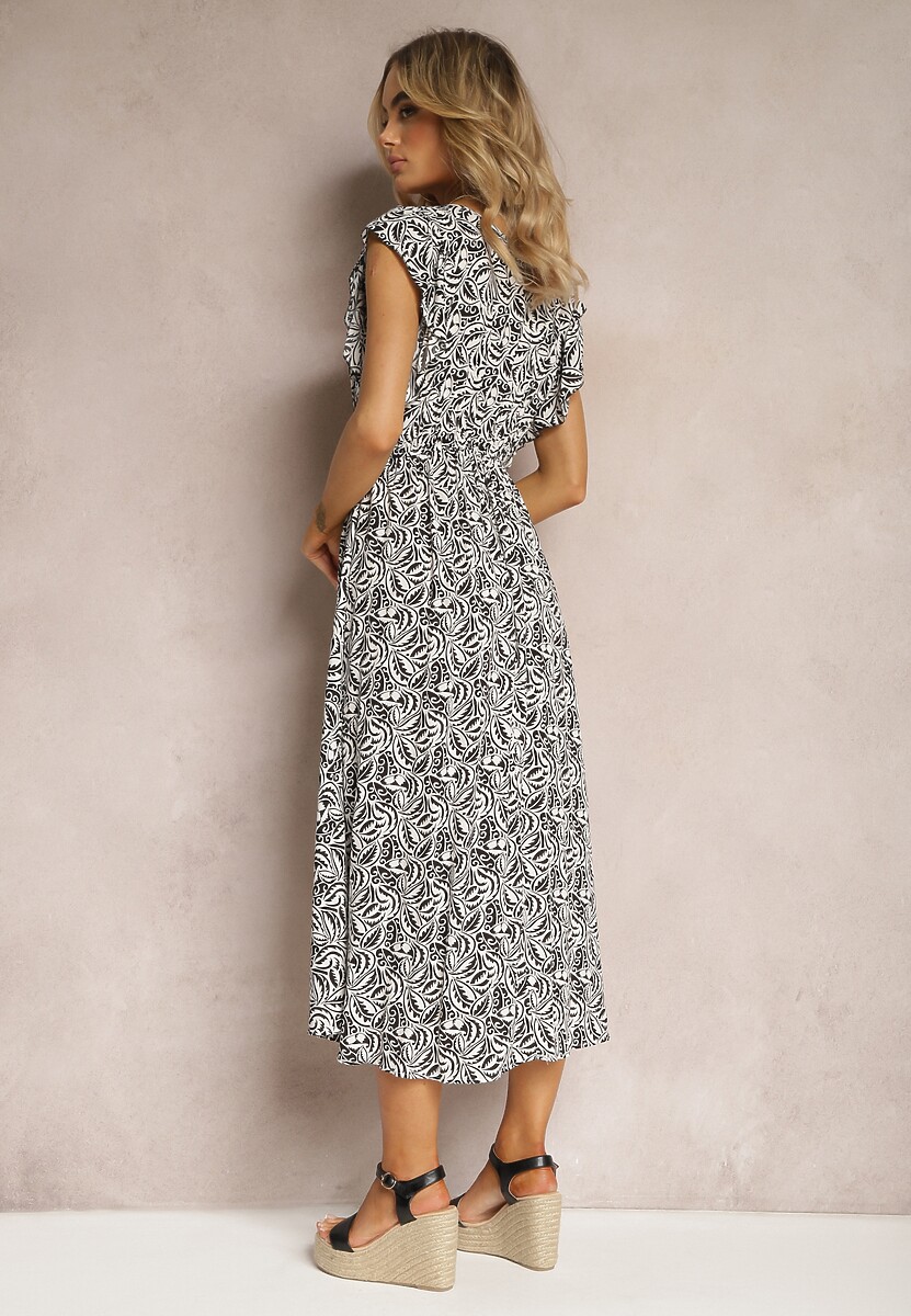 Czarna Bawełniana Sukienka na Lato z Elastyczną Gumką w Pasie i Falbankami Przy Ramionach Jovenia