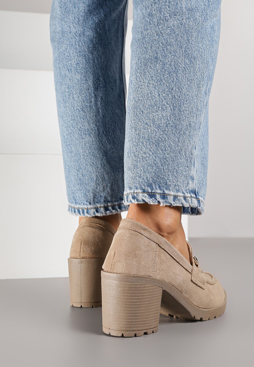 Ciemnobeżowe Półbuty Mokasyny na Słupku z Platformą Ozdobione Klamrą Acridna