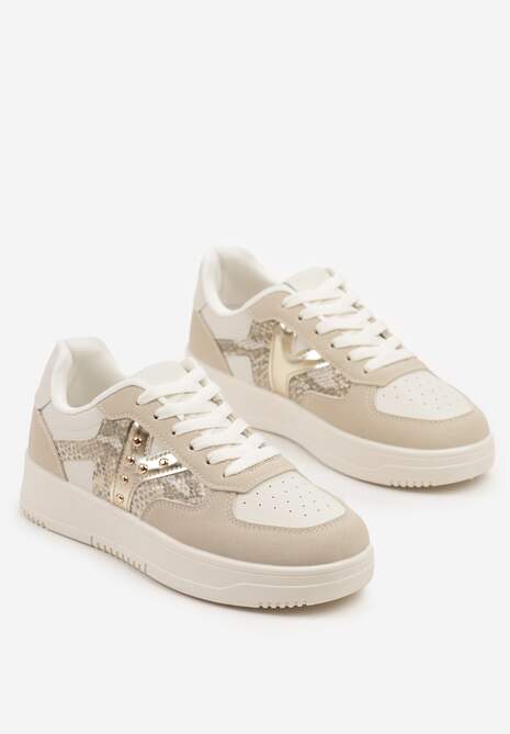 Beżowe Sneakersy Zdobione Metaliczną Aplikacją i Imitacją Skóry Węża Sarivane
