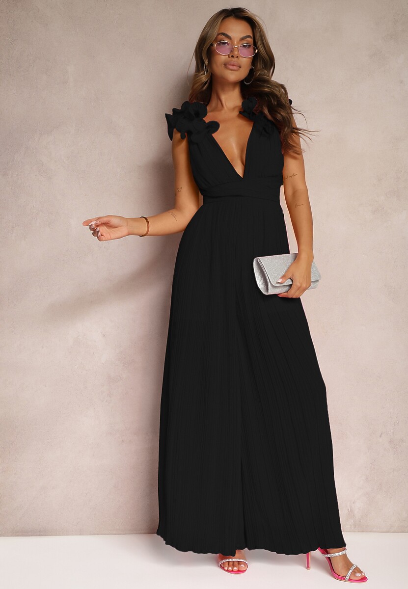 Czarny Taliowany Koktajlowy Kombinezon z Szerokimi Nogawkami Ozdobiony Falbanami Gealfrea