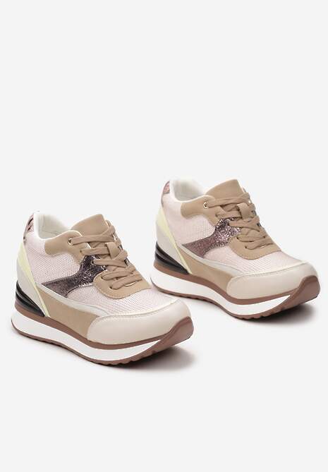 Beżowe Sneakersy na Ukrytym Niewysokim Koturnie z Brokatem Fioralan