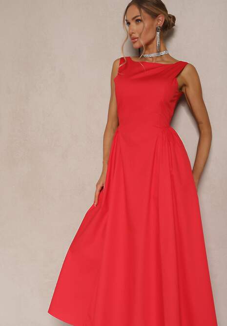 Czerwona Rozkloszowana Sukienka z Bawełny Haladrea