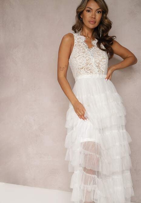 Biała Wieczorowa Sukienka Maxi Ozdobiona Koronką i Falbanami Fariel