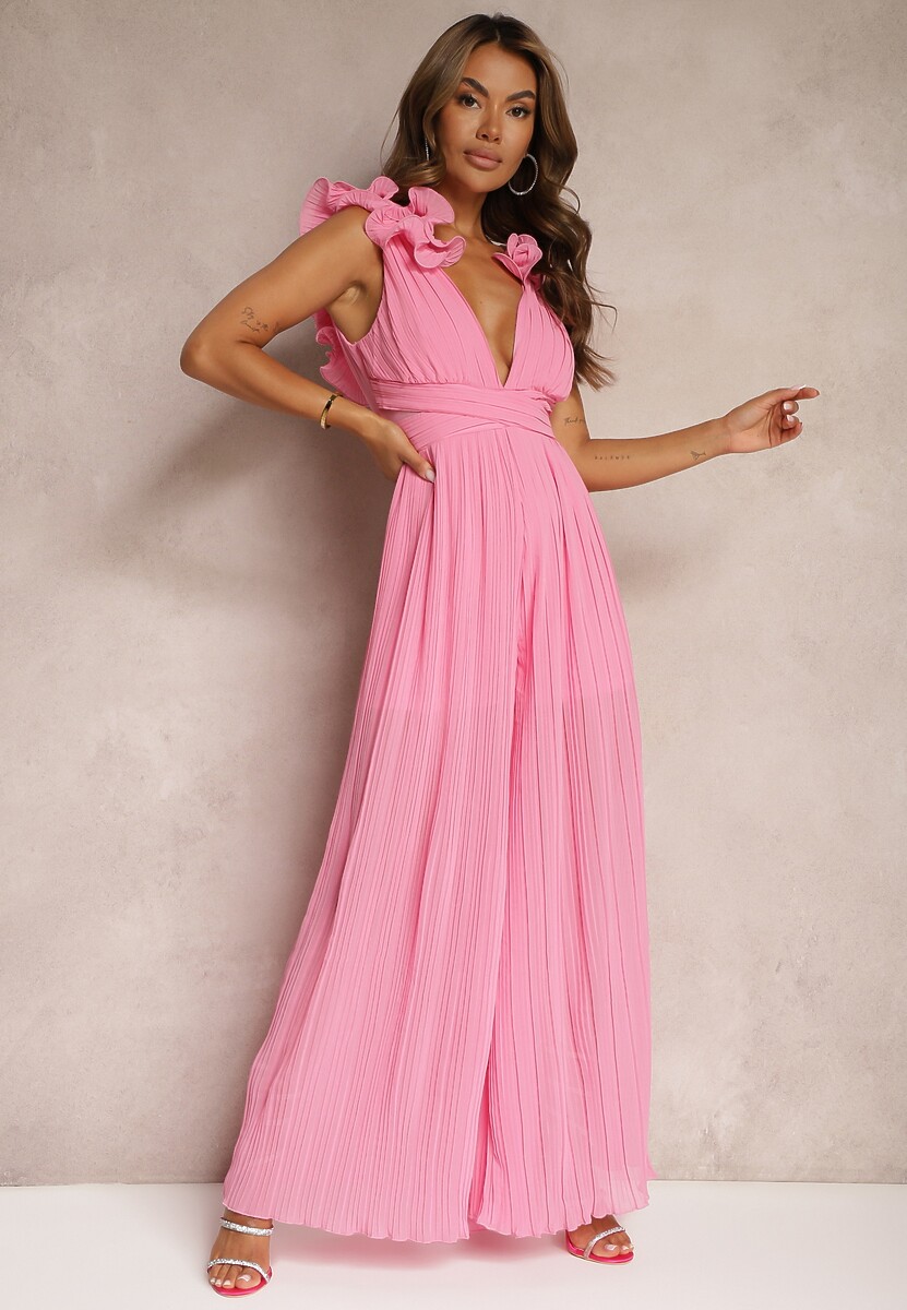 Różowy Taliowany Koktajlowy Kombinezon z Szerokimi Nogawkami Ozdobiony Falbanami Gealfrea