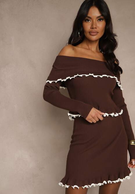 Brązowy Komplet Dzianinowy z Wiskozą Bluzka z Odkrytymi Ramionami i Spódnica Zozalina