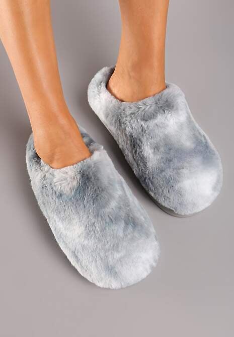 Szare Kapcie na Płaskiej Podeszwie z Futerkiem Leranna