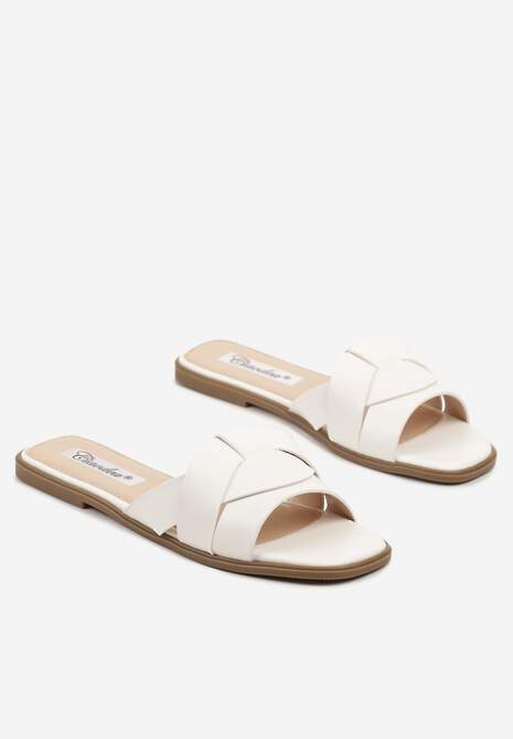 Białe Klapki na Płaskiej Podeszwie z Ozdobną Cholewką Tenoliea