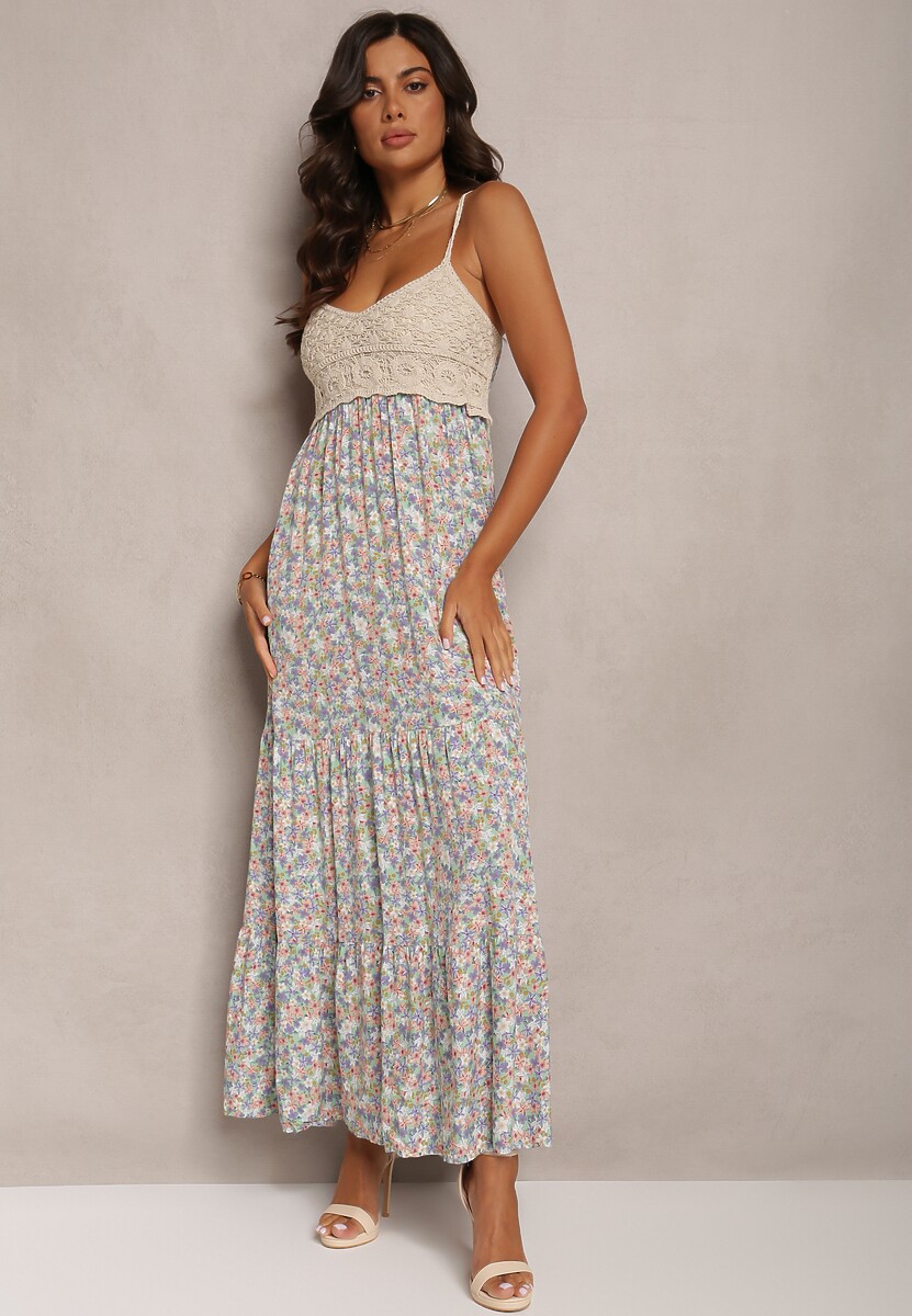 Niebieska Maxi Wiskozowa Sukienka o Rozkloszowanym Fasonie w Kwiaty Ozdobiona Szydełkowym Wzorem Damrea