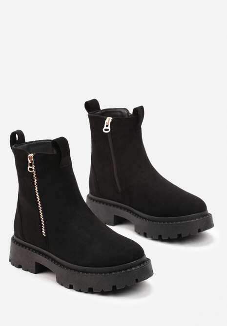 Czarne Botki z Ozdobną Taśmą z Nadrukiem Dudrey