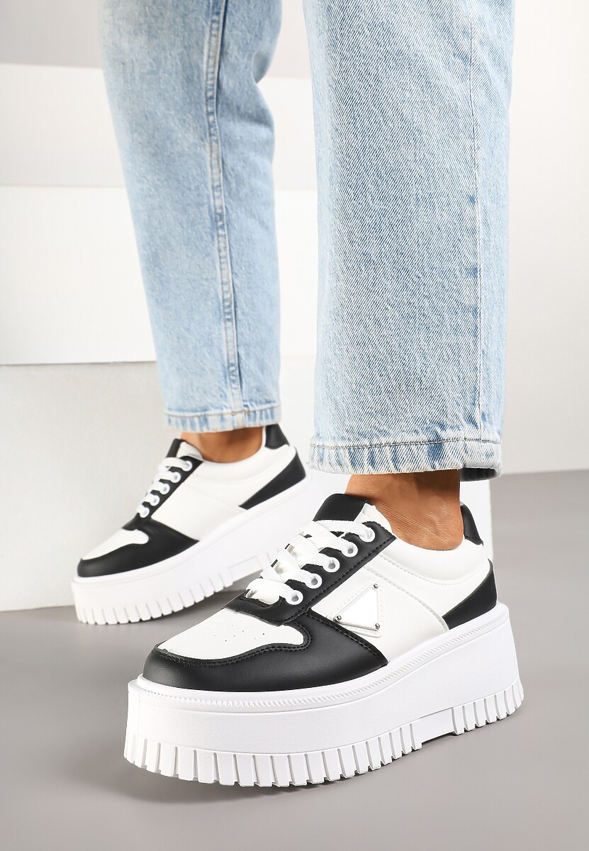 Biało-Czarne Sneakersy na Platformie z Tłoczeniem Halinea