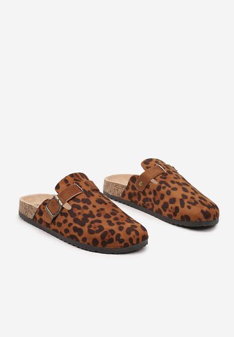 Panterkowe Klapki na Płaskiej Korkowej Podeszwie z Zakrytym Przodem Ozdobione Klamrą Atheine