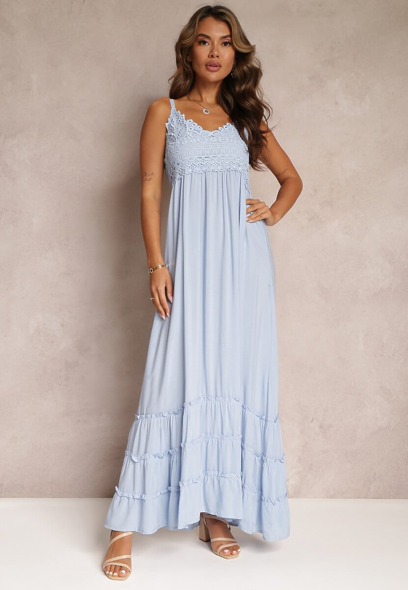Niebieska Rozkloszowana Sukienka Maxi z Koronką i Głębokim Dekoltem Zonila