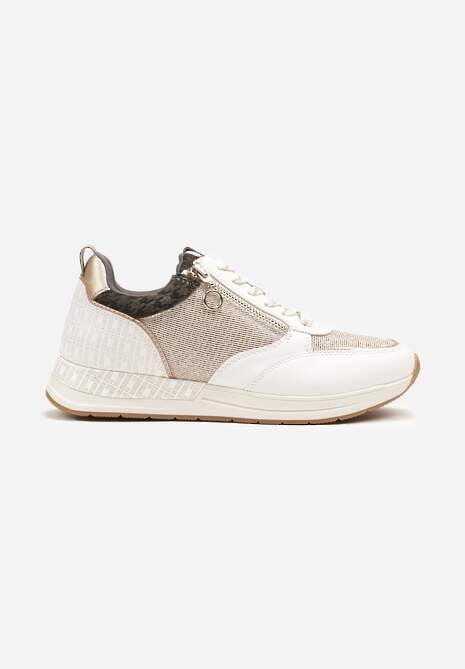 Beżowo-Złote Sneakersy z Wkładką ze Skóry Naturalnej Zdobione Suwakiem Fihanor