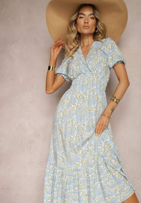 Niebieska Trapezowa Sukienka z Bawełny z Bufiastymi Rękawami Falbaną i Gumką w Talii Vimayana