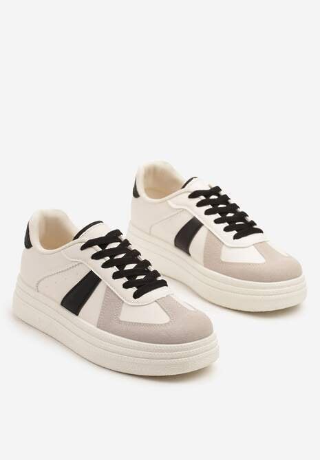 Beżowo-Czarne Sneakersy na Platformie Ozdobione Paskami ze Sznurowaniem Bormi