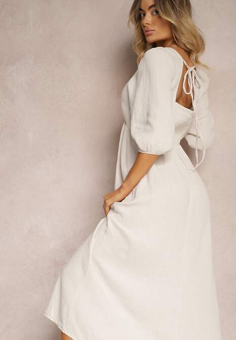 Beżowa Sukienka z Bawełny Ozdobiona Wiązaniem i Gumką w Pasie Wlarina