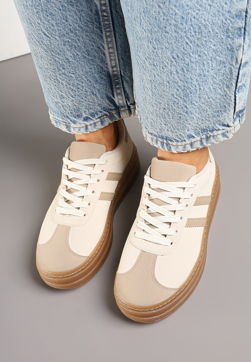 Beżowe Sneakersy na Tłoczonej Platformie Ozdobione Paskami Felainora