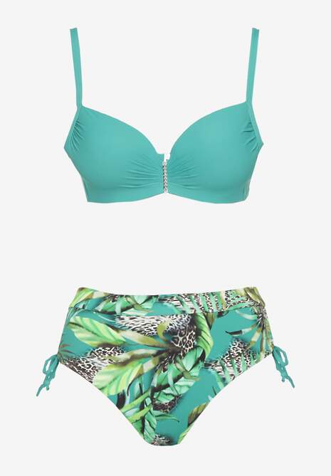 Ciemnozielone Bikini z Motywem Roślinnym Biustonosz i Majtki Figi ze Ściągaczami Sadorene