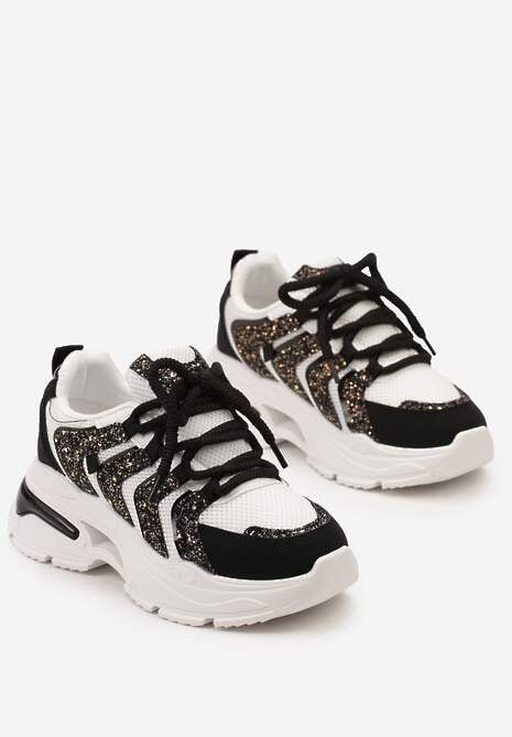 Czarno-Białe Sneakersy na Tłoczonej Platformie z Brokatowymi Wstawkami Nalu