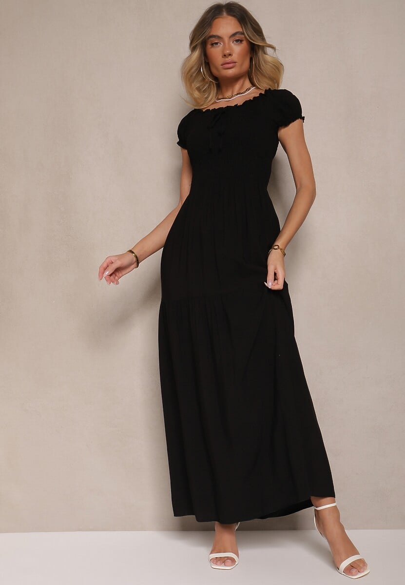 Czarna Sukienka z Wiskozy w Stylu Hiszpanki Ozdobiona Marszczeniem Jenalena
