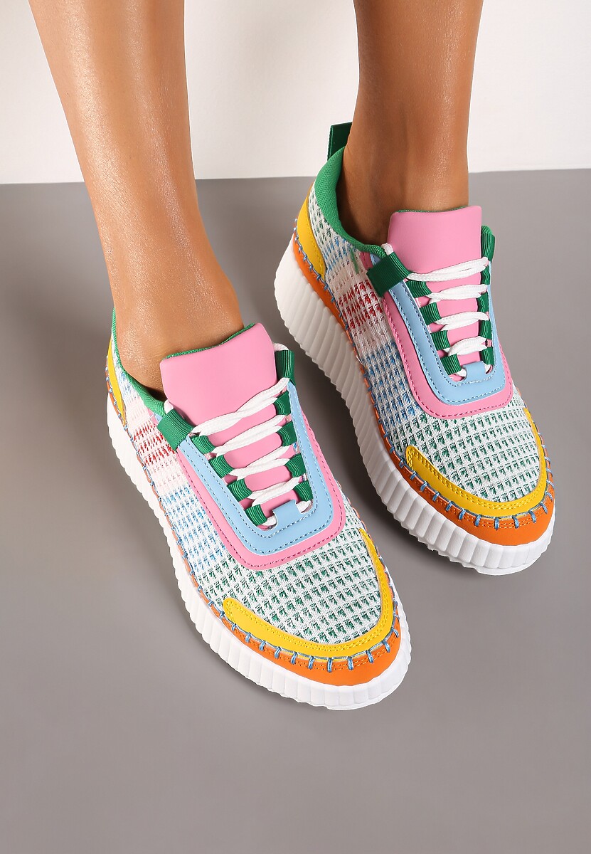 Zielono-Pomarańczowe Sznurowane Sneakersy na Grubej Podeszwie do Kostki Pasapia