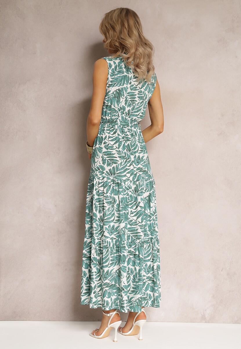 Zielona Sukienka Maxi z Wiskozy o Rozkloszowanym Kroju Ozdobiona Falbanką i Paskiem Ninaste