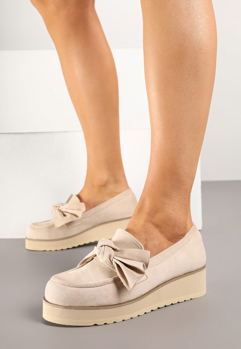 Beżowe Mokasyny z Ekozamszu na Niskiej Platformie z Ozdobną Kokardą Nusalena