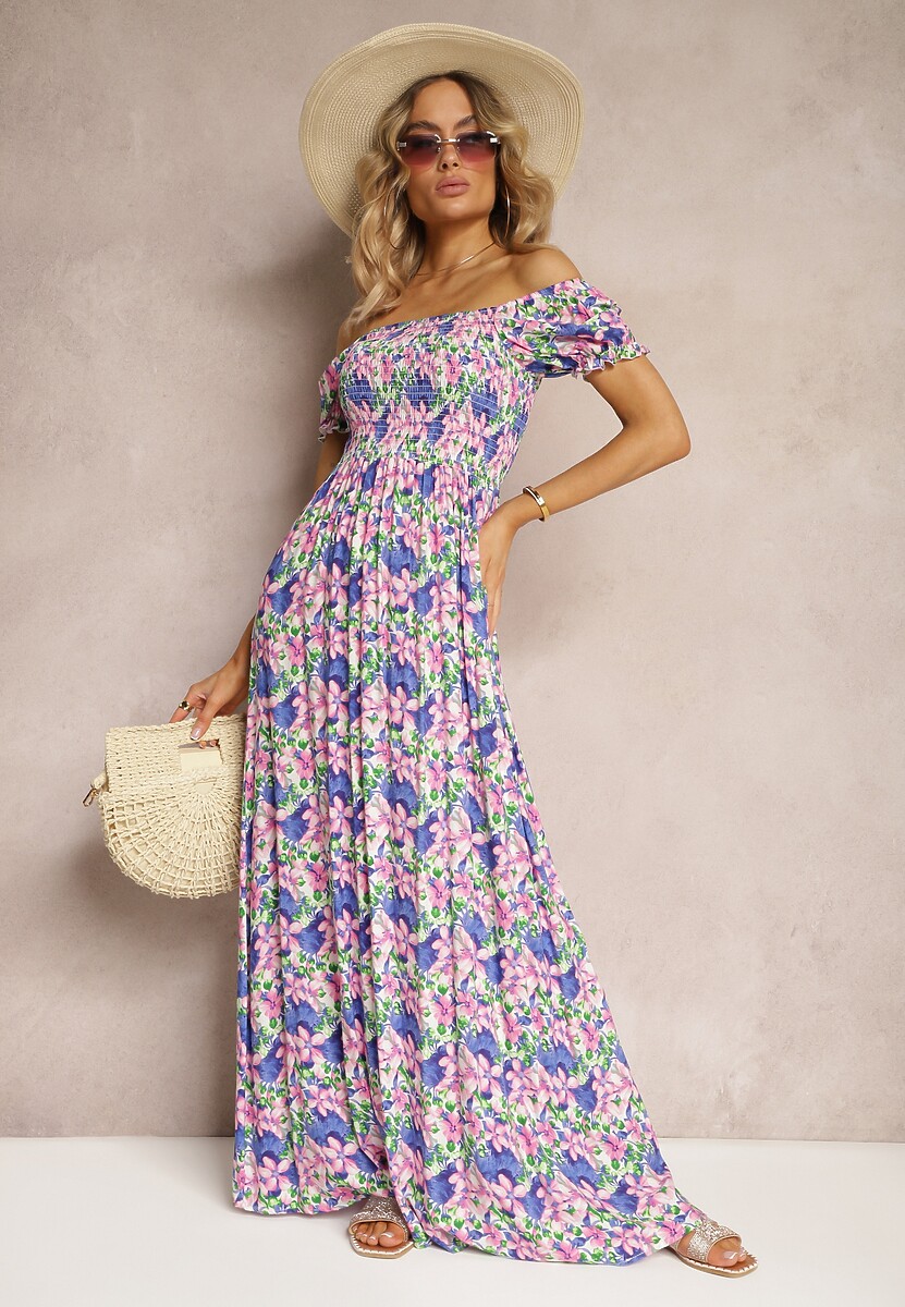 Fioletowo-Zielona Hiszpanka Sukienka o Rozkloszowanym Kroju i Gumkami przy Dekolcie Kaseria