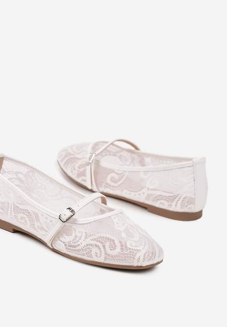 Białe Koronkowe Balerinki z Paskiem na Sprzączkę Lanaria