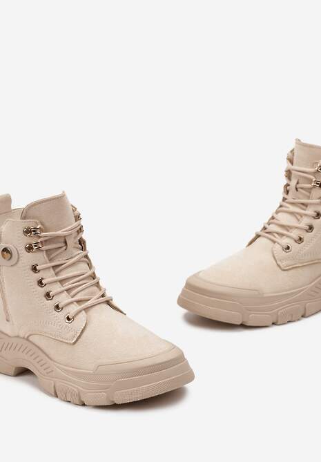 Ciemnobeżowe Sznurowane Traperki z Ekozamszu z Suwakiem i Paskiem z Napisami Dikofena